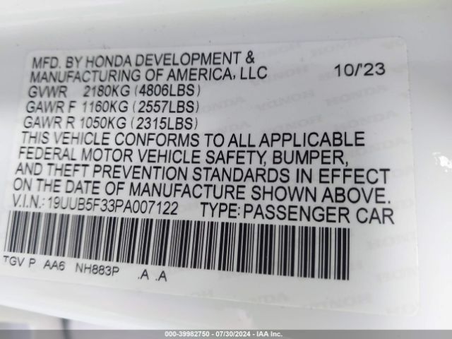 19UUB5F33PA007122 Acura Tlx Standard