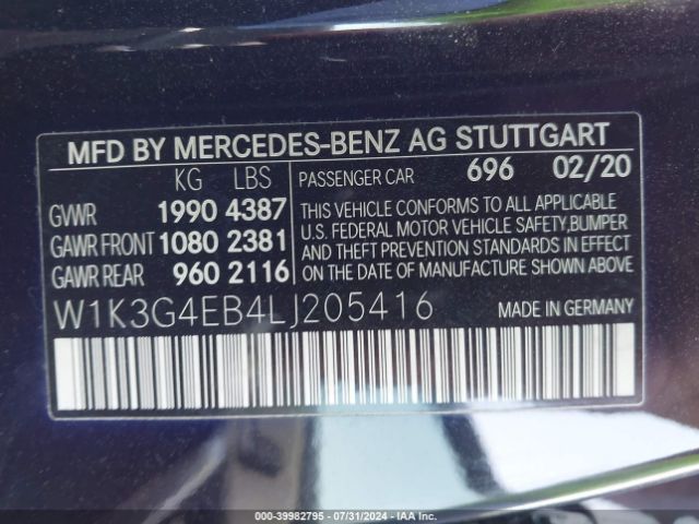 W1K3G4EB4LJ205416 Mercedes-Benz A 220