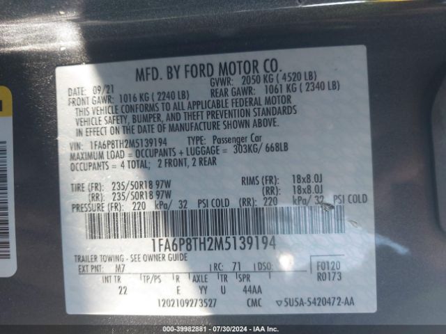 2021 FORD MUSTANG 1FA6P8TH2M5139194 Photo 8