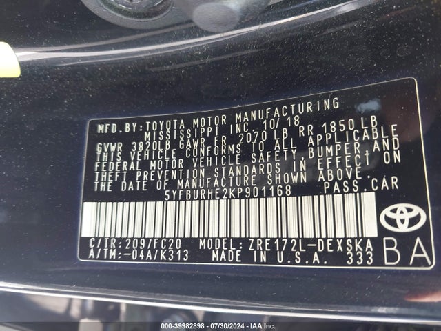 Toyota COROLLA SE 2019 5YFBURHE2KP901168 Image 9
