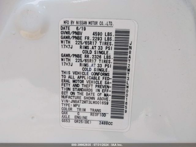 JN8AT2MT3LW001659 Nissan Rogue S Fwd