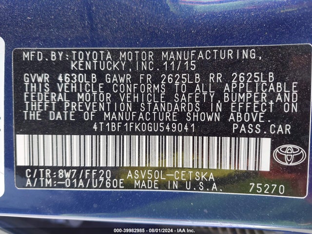 Toyota CAMRY SE 2016 4T1BF1FK0GU549041 Image 9