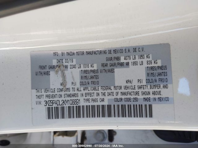 3MZBPADL2KM108891 Mazda Mazda3 Preferred Package