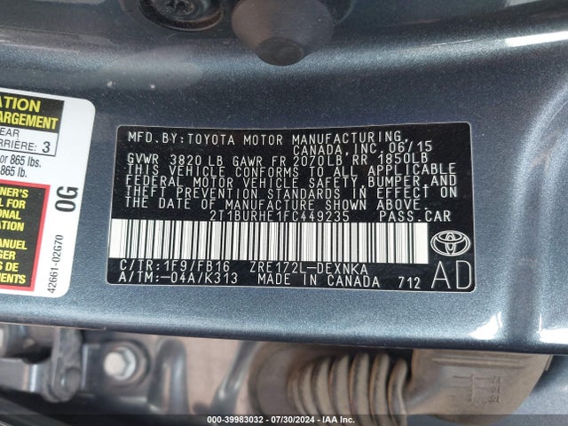 Toyota COROLLA LE 2015 2T1BURHE1FC449235 Image 9