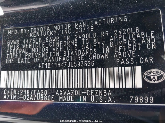 Toyota CAMRY LE 2018 4T1B11HK7JU597526 Image 9