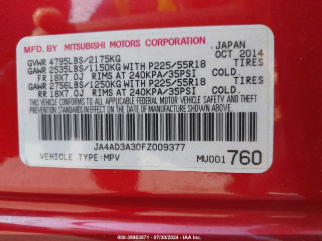 JA4AD3A30FZ009377 Mitsubishi Outlander Se