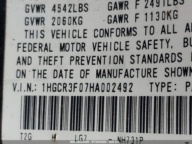 1HGCR3F07HA002492 Honda Accord Ex-l V6