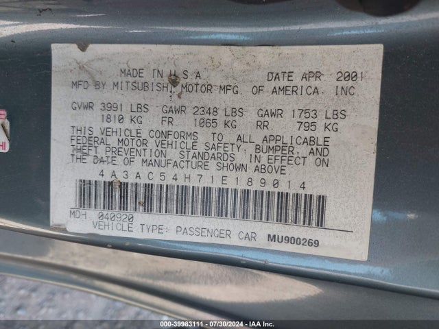 2001 MITSUBISHI ECLIPSE 4A3AC54H71E189014 Photo 8