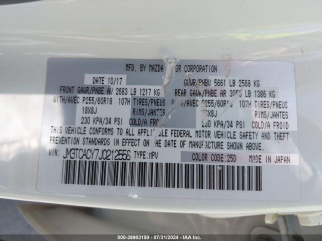 JM3TCACY7J0212558 Mazda Cx-9 Touring