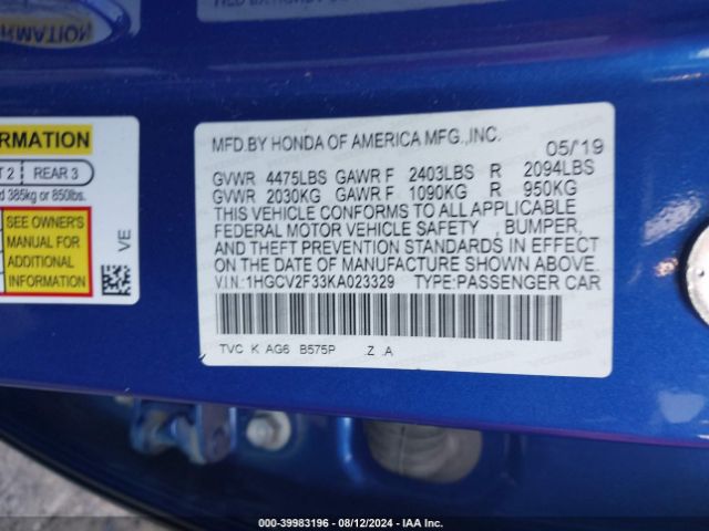 1HGCV2F33KA023329 Honda Accord Sport 2.0t