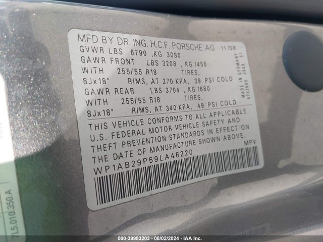 2009 PORSCHE CAYENNE WP1AB29P59LA46220 Photo 8