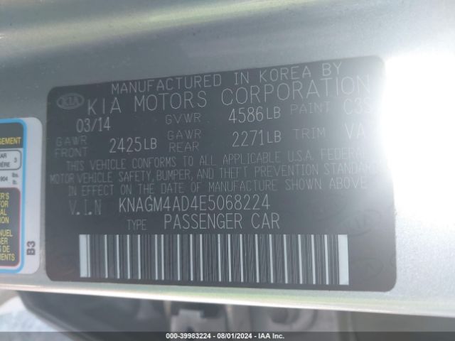 KNAGM4AD4E5068224 KIA Optima Hybrid Lx