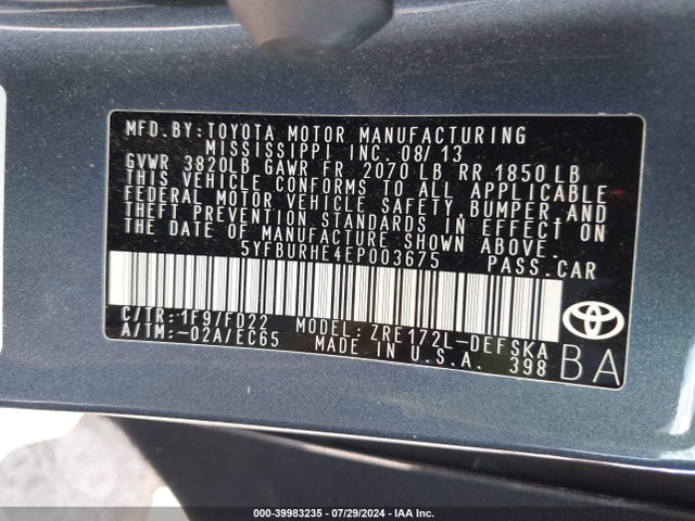 Toyota Corolla S/s Plus/s Premium 2014 5YFBURHE4EP003675 Image 9