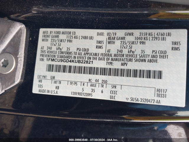 1FMCU9GD4KUB22821 Ford ESCAPE SE