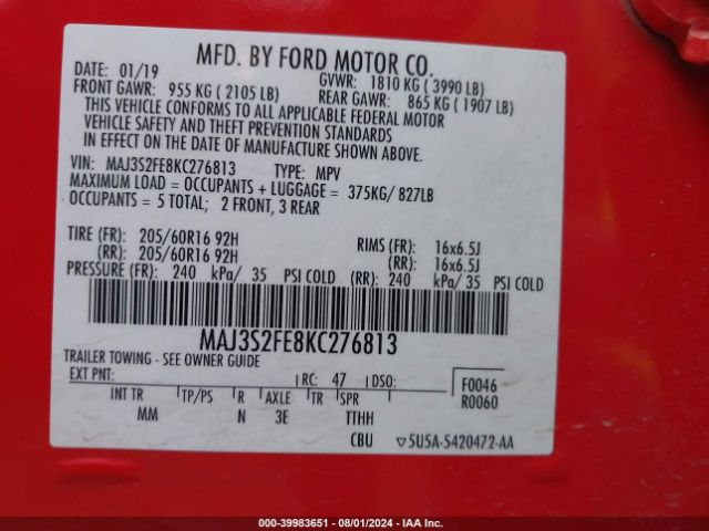 MAJ3S2FE8KC276813 Ford ECOSPORT S