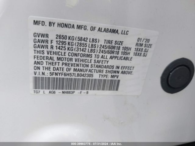 5FNYF6H57LB042305 Honda Pilot Awd Ex-l