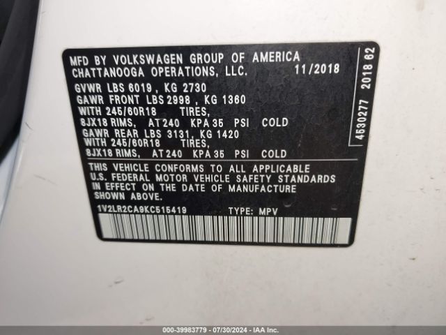 1V2LR2CA9KC515419 Volkswagen Atlas 3.6l V6 Se