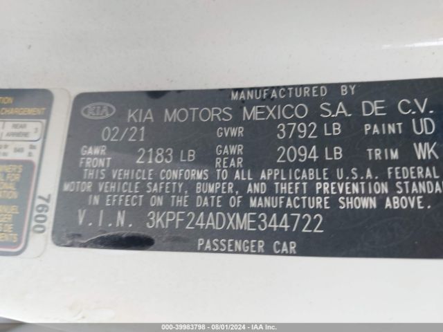 3KPF24ADXME344722 KIA FORTE FE