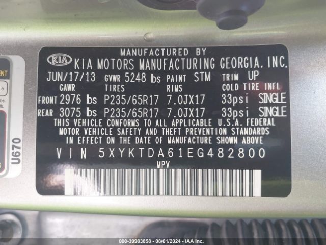 5XYKTDA61EG482800 KIA SORENTO LX