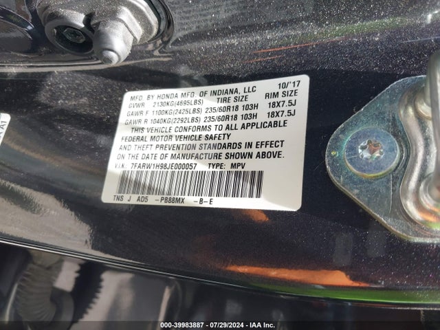 Honda Cr-v Touring 2018 7FARW1H98JE000057 Image 9