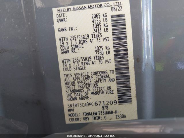 5N1BT3CA0PC671209 Nissan Rogue Sl Fwd