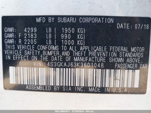 4S3GKAJ63K3601048 Subaru Impreza 2.0i Sport