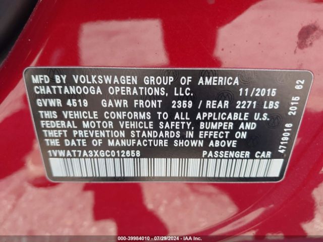 1VWAT7A3XGC012658 Volkswagen Passat 1.8t S