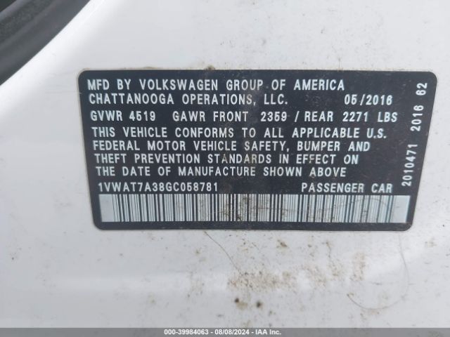 1VWAT7A38GC058781 Volkswagen Passat 1.8t S