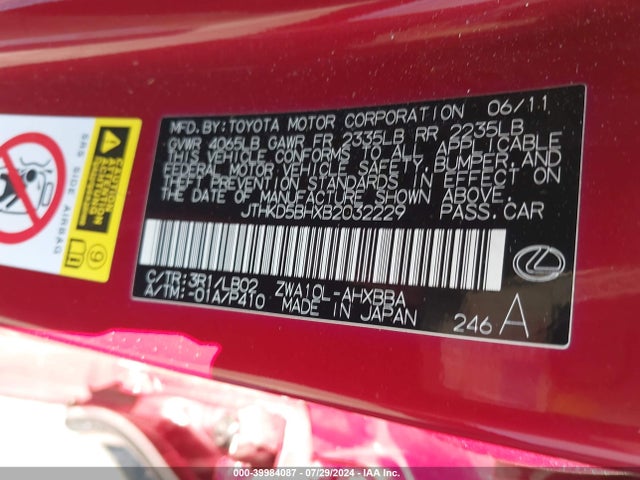 Aukcja sprzedaży 2011 Lexus Ct 200h Premium, vin: JTHKD5BHXB2032229, numer aukcji: 39984087