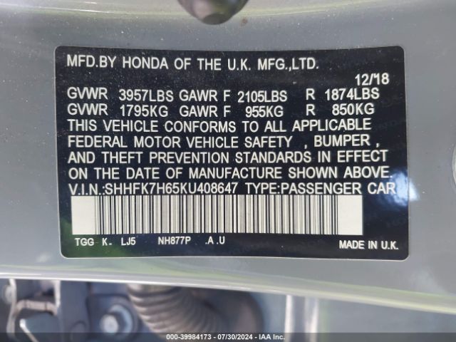 SHHFK7H65KU408647 Honda CIVIC EX