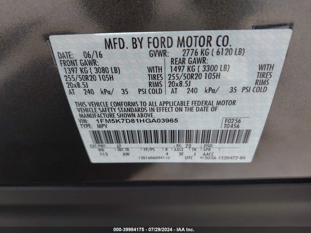 Ford EXPLORER XLT 2017 1FM5K7D81HGA03965 Image 9