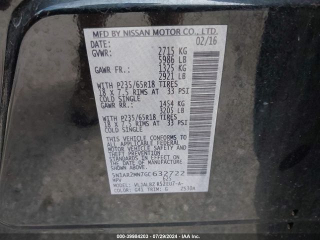5N1AR2MN7GC632722 Nissan Pathfinder Platinum/s/sl/sv