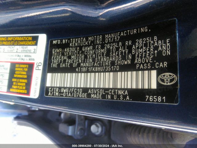 4T1BF1FK8HU735170 Toyota CAMRY LE