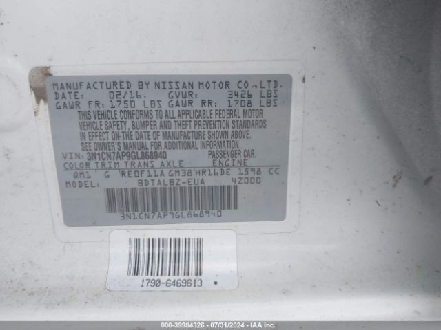 3N1CN7AP9GL868940 Nissan Versa 1.6 S/1.6 S+/1.6 Sl/1.6 Sv