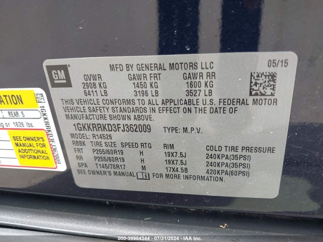1GKKRRKD3FJ362009 GMC Acadia Slt-1