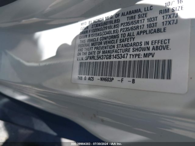 5FNRL5H37GB145347 Honda ODYSSEY SE