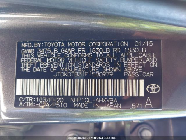JTDKDTB31F1580979 Toyota Prius C One