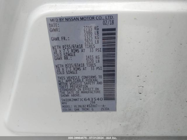 5N1DR2MM7JC643540 Nissan Pathfinder S
