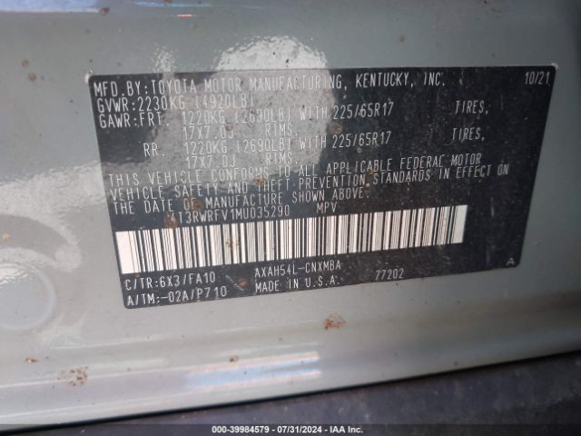 4T3RWRFV1MU035290 Toyota Rav4 Hybrid Xle