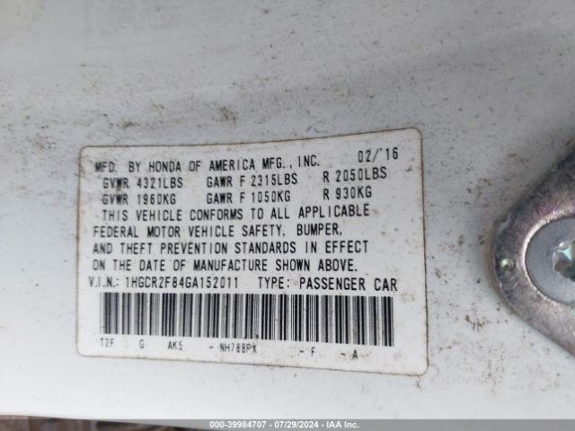 1HGCR2F84GA152011 Honda Accord Ex-l