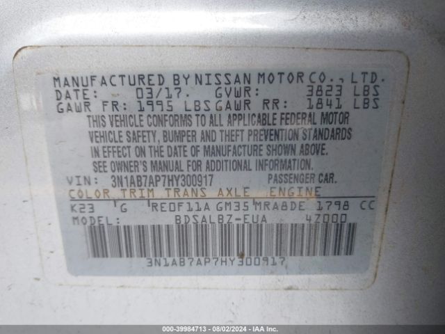 3N1AB7AP7HY300917 Nissan SENTRA S
