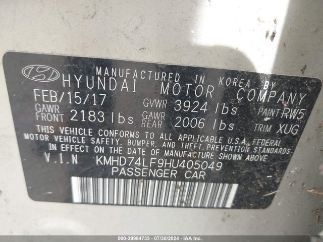 Hyundai ELANTRA SE 2017 KMHD74LF9HU405049 Image 9