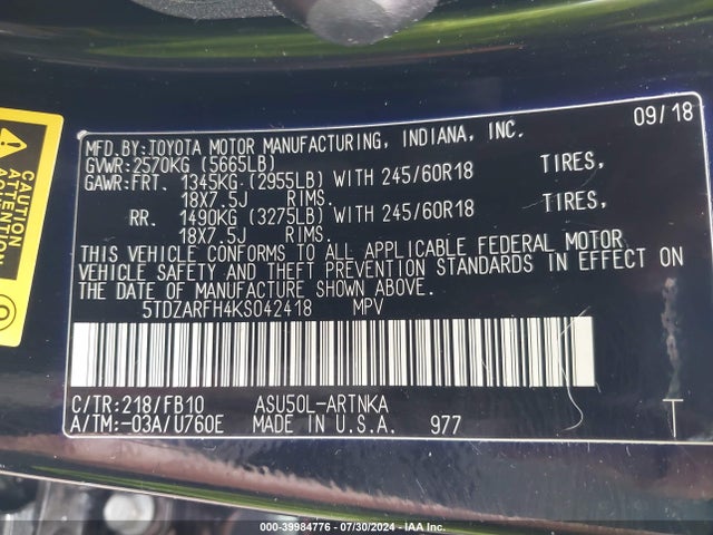 Toyota Highlander Le 2019 5TDZARFH4KS042418 Image 9