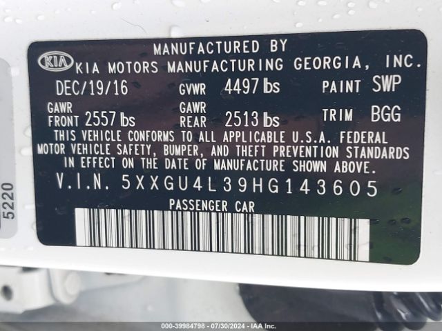 5XXGU4L39HG143605 KIA OPTIMA EX