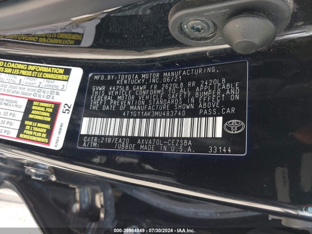 Toyota CAMRY SE 2021 4T1G11AK3MU483740 Image 9