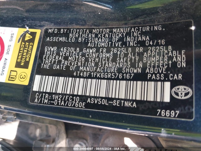 Toyota CAMRY LE 2016 4T4BF1FK6GR576167 Image 9