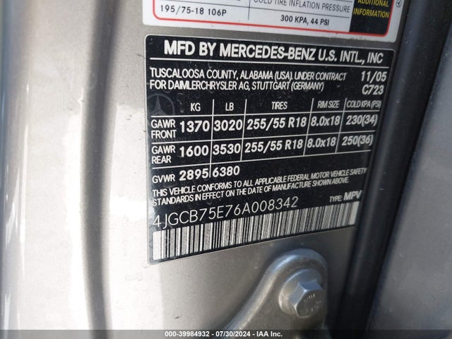Продаж на аукціоні авто 2006 Mercedes-benz R 500 4matic, vin: 4JGCB75E76A008342, номер лоту: 39984932