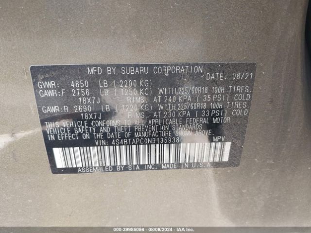 4S4BTAPC0N3135938 Subaru Outback Touring