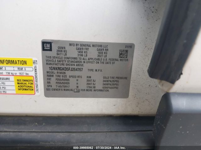 1GNKRGKD5FJ264767 Chevrolet Traverse 1lt