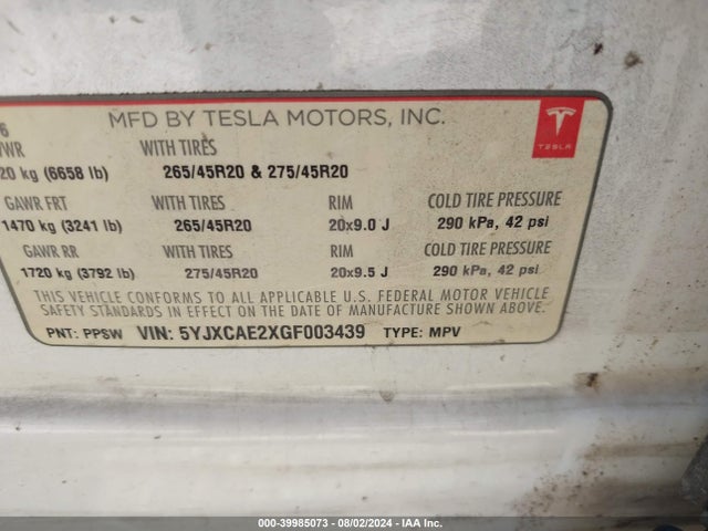 Tesla Model X 60d/70d/75d/90d 2016 5YJXCAE2XGF003439 Image 9